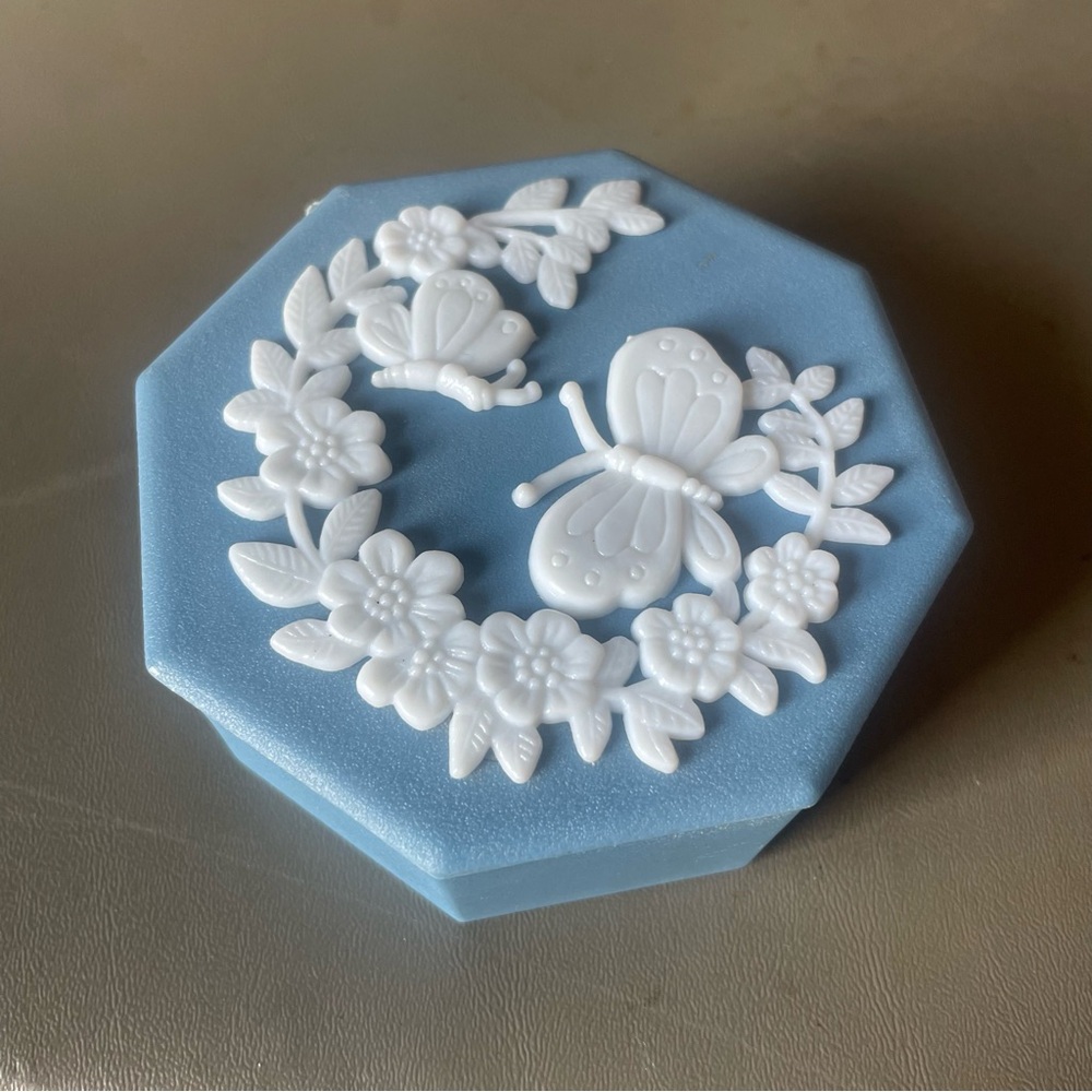 Vintage Celluloid Blue & White Floral Butterfly Trinket Jewelry Box